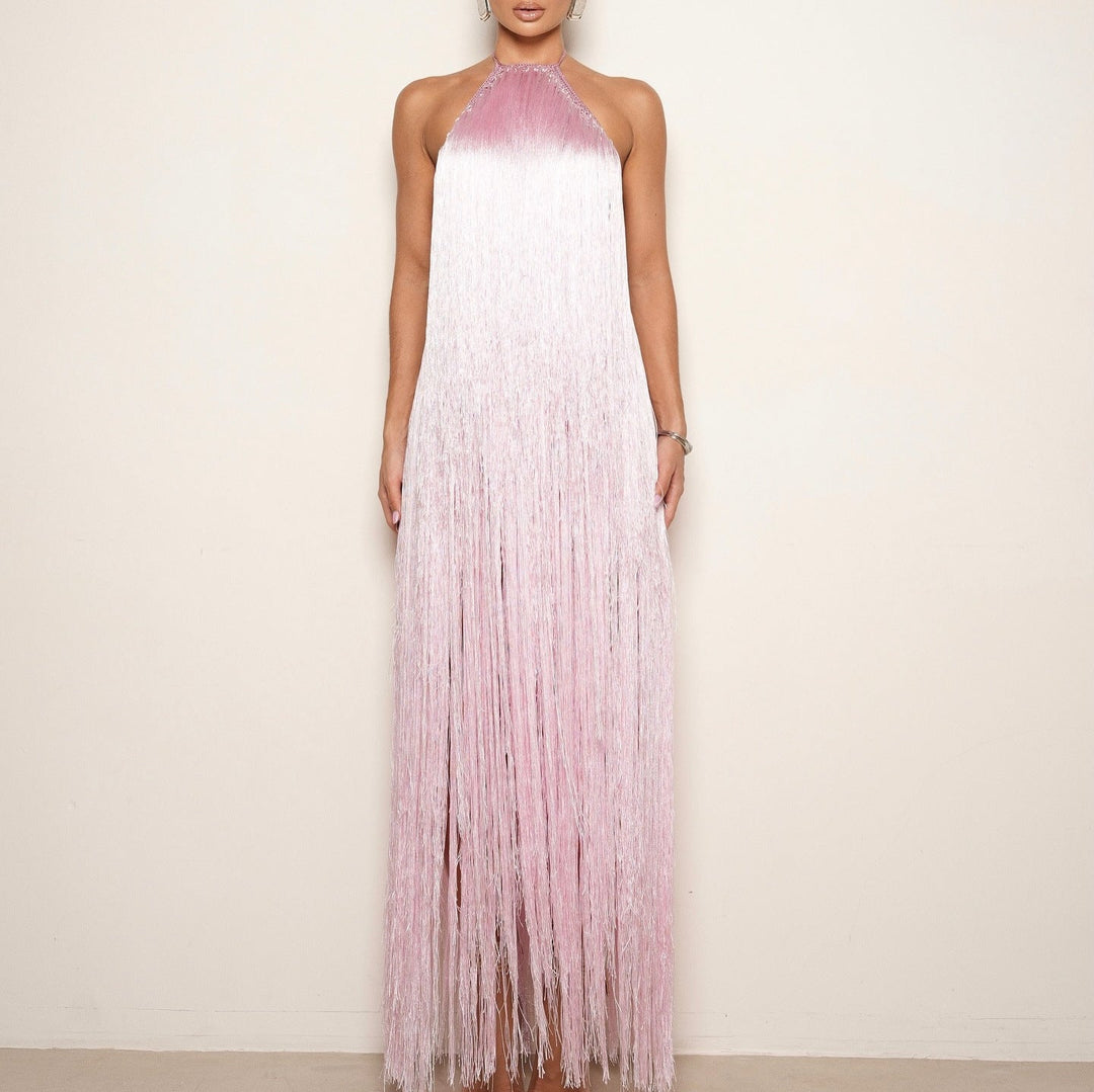 Damen Fransen Maxikleid mit hochgeschlossenem Design und schimmernden Effekten