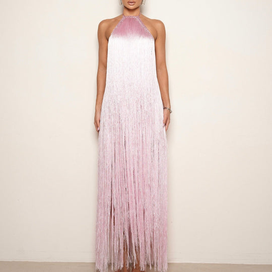 Damen Fransen Maxikleid mit hochgeschlossenem Design und schimmernden Effekten