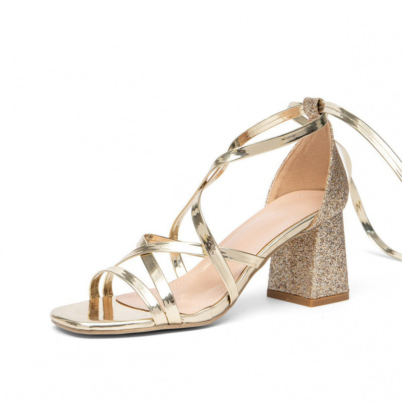 Damen Glamouröse Blockabsatz-Sandalen mit strassverzierten Riemen Shopnory