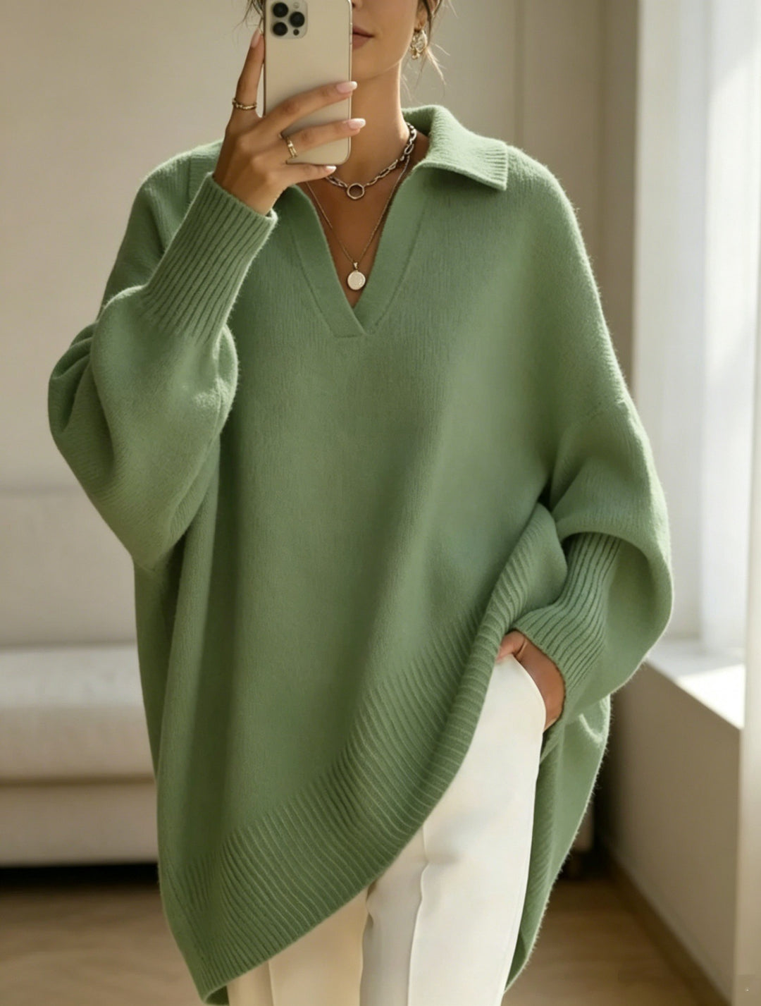 Damen Oversize-Polokragen V-Ausschnitt Strickpullover mit Ballonärmeln Shop Nory