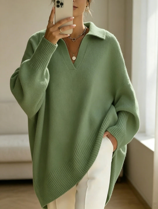 Damen Oversize-Polokragen V-Ausschnitt Strickpullover mit Ballonärmeln Shop Nory