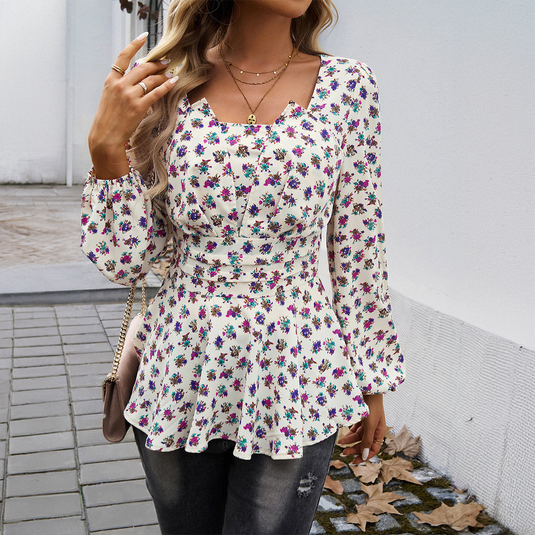 Damen nan taillierte Blumenbluse mit quadratischem Ausschnitt, Raffung und Schößchen-Silhouette Shop Nory