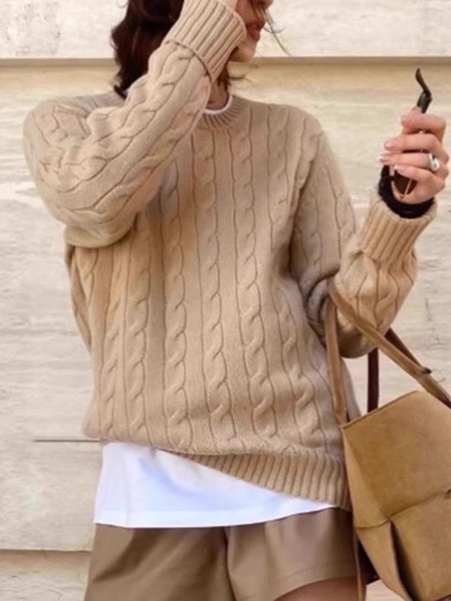 Damen Kastiger Kabelstrick‑Pullover mit Rundhals, extraweichem Wollmix und gerippten Bündchen Shop Nory
