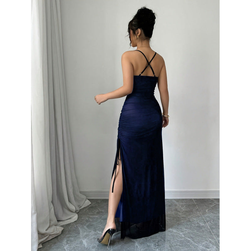 Damen Maxikleid mit verstellbaren Spaghettiträgern und raffiniertem Rüschendesign
