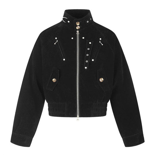 Damen kurze Wildleder‑Bomberjacke mit hohem Stehkragen und metallischen Details Shop Nory