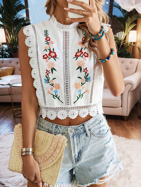 Damen Besticktes Spitzen-Cropped-Top mit Stehkragen und Häkelkanten Shop Nory
