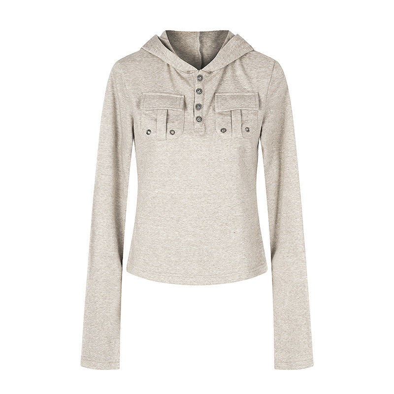 Damen Leichtes Kapuzen-Langarmshirt mit Henley-Knopfleiste und aufgesetzten Brusttaschen Shop Nory
