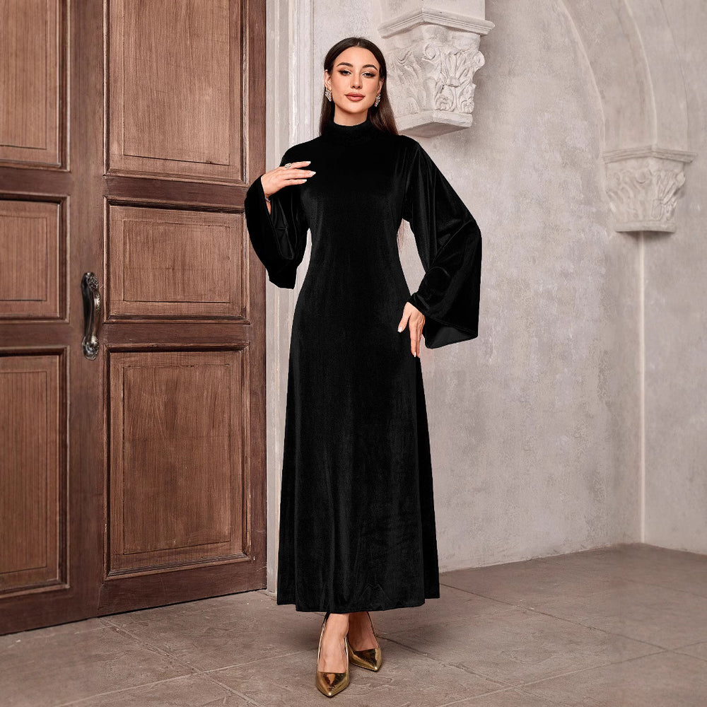 Damen Maxikleid aus Samt mit Stehkragen und Glockenärmeln Shop Nory