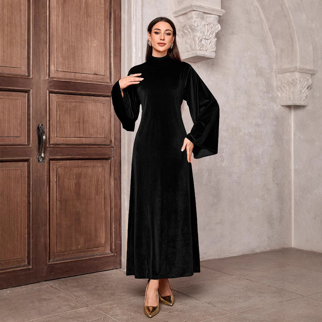 Damen Maxikleid aus Samt mit Stehkragen und Glockenärmeln Shop Nory