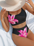 Damen Hochtaillierter Bikini mit floralem Akzent und sportlichem Oberteil Shopnory
