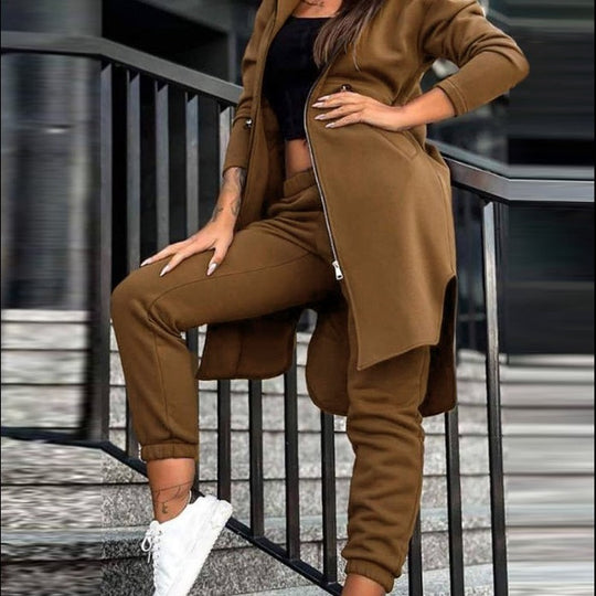 Damen Kapuzenmantel und High-Waist Jogginghose Lounge-Set Shop Nory