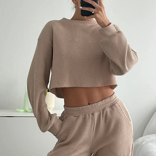 Damen geripptes Cropped-Lounge-Set mit Ballonärmeln und High-Waist Palazzo-Hose Shop Nory
