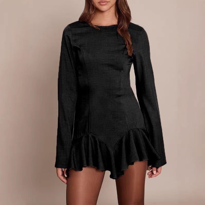 Damen Figurbetontes Langarm-Minikleid mit taillierten Nähten und Volant-Saum Shop Nory