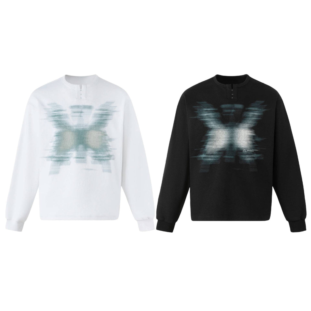 Unisex Oversize Sweatshirt mit kurzem Henley‑Placket und verschwommenem Grafikprint Shop Nory