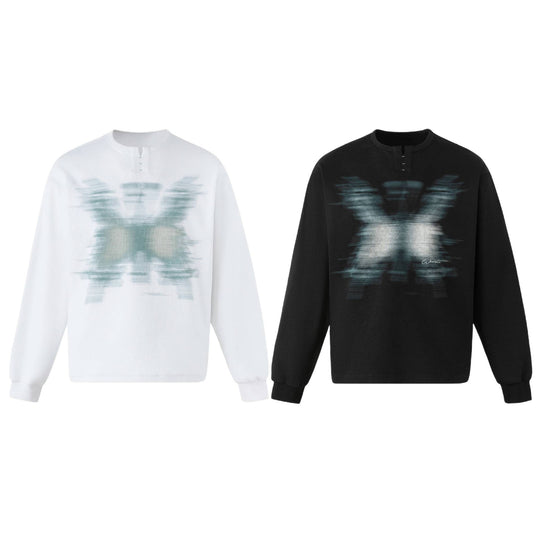 Unisex Oversize Sweatshirt mit kurzem Henley‑Placket und verschwommenem Grafikprint Shop Nory