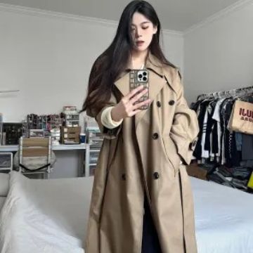 Damen Langer Kastiger Trenchmantel mit doppelreihiger Knopfleiste und übergroßem Revers Shop Nory