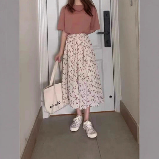 Damen Midirock mit floralem Print, taillenbetonter Rüschen-Bund und leichter Plissée-Qualität Shop Nory