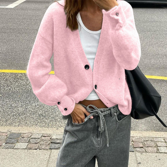 Damen nan lässige Strickjacke mit tiefem V-Ausschnitt, aufgesetzten Knopfleisten und Ballonärmeln Shop Nory