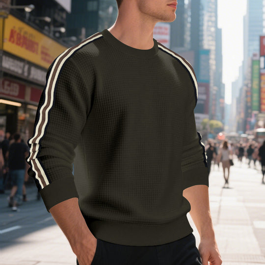 Herren Waffelstrick-Pullover mit kontrastierenden Ärmelstreifen und Rundhalsausschnitt Shop Nory