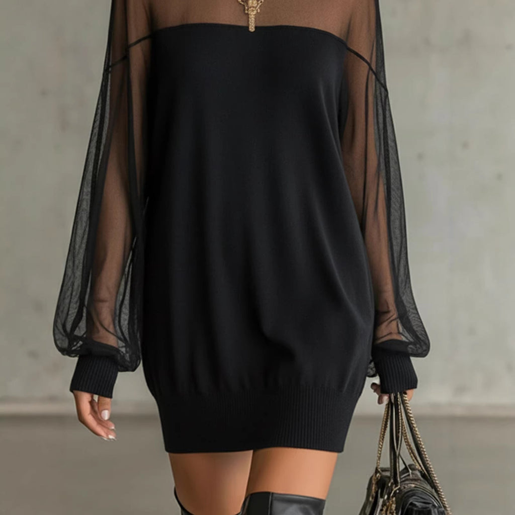 Damen Luftiges Minikleid mit transparenten Ärmelpartien und stylischem Highneck Shopnory