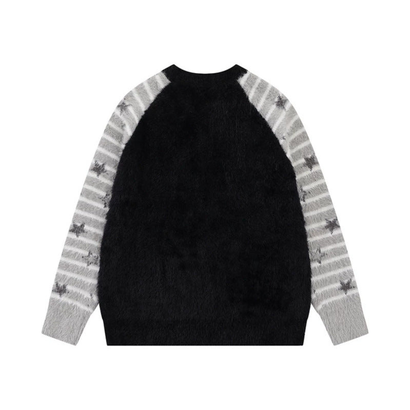 Damen Weicher Fluffy‑Strickpullover mit integrierter Schlauchschal und Manga‑Illustration Shop Nory