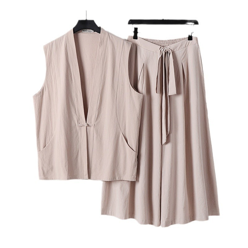 Damen Ärmelloses Kimono-Loungewear-Set aus leichtem Viskose-Leinen mit Bindeweste und weiten Palazzo-Hose Shop Nory