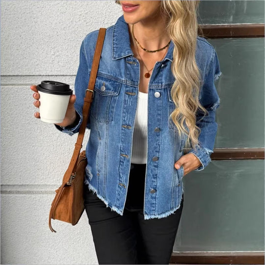 Damen Jeansjacke mit lässigen Destroyed-Ärmeln und rohem Saum Shop Nory