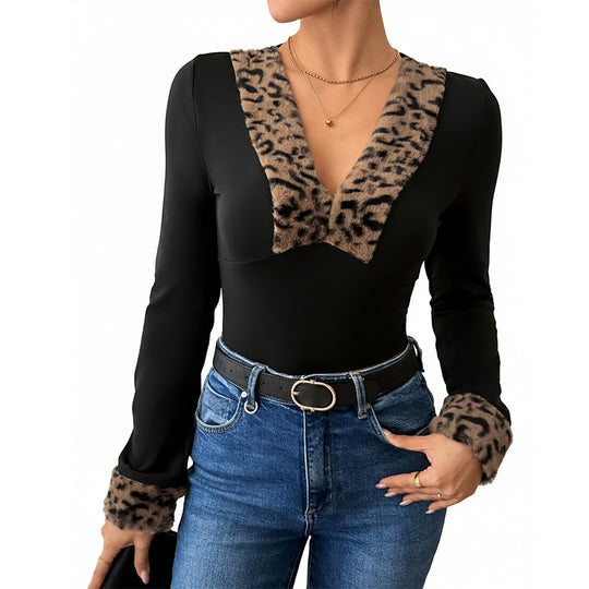 Damen Taillierter Longsleeve-Body mit Leoparden-Kragen und Kunstfellmanschetten Shop Nory