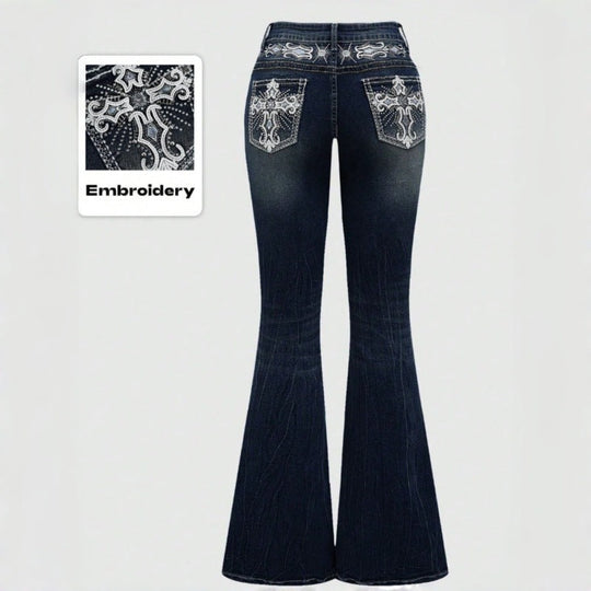 Damen Bootcut Jeans mit aufwendigen Stickereien und hohem Bund