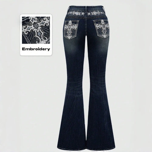 Damen Bootcut Jeans mit aufwendigen Stickereien und hohem Bund