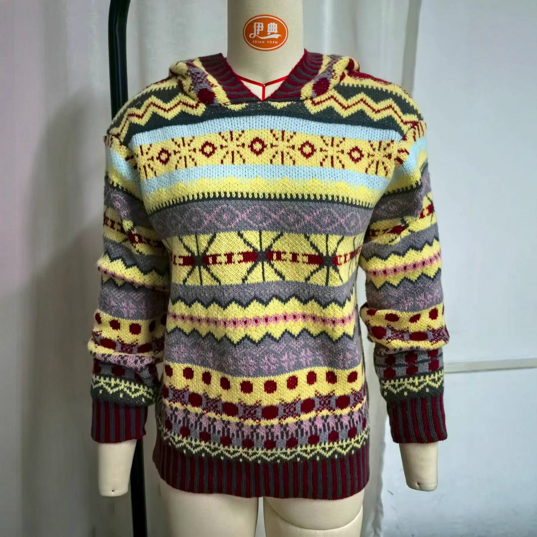 Damen nan oversized Strickkapuzenpullover mit Norwegermuster, gefütterter Kapuze und gerippten Bündchen Shop Nory