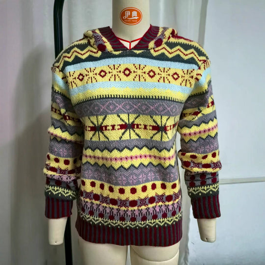 Damen nan oversized Strickkapuzenpullover mit Norwegermuster, gefütterter Kapuze und gerippten Bündchen Shop Nory