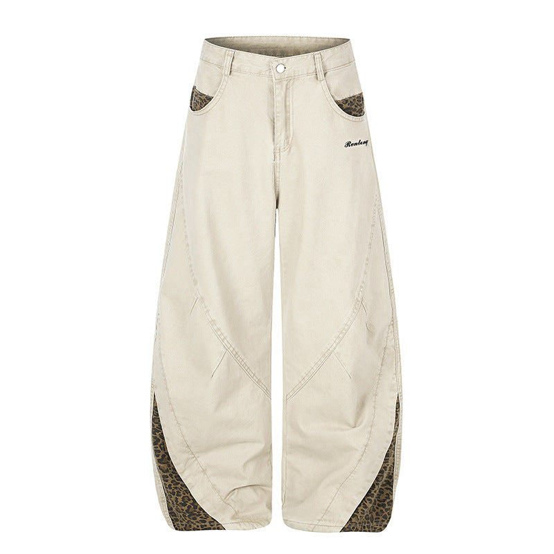 Damen Weite High‑Waist Palazzo-Jeanshose mit Leopardeinsätzen und Eingrifftaschen Shop Nory