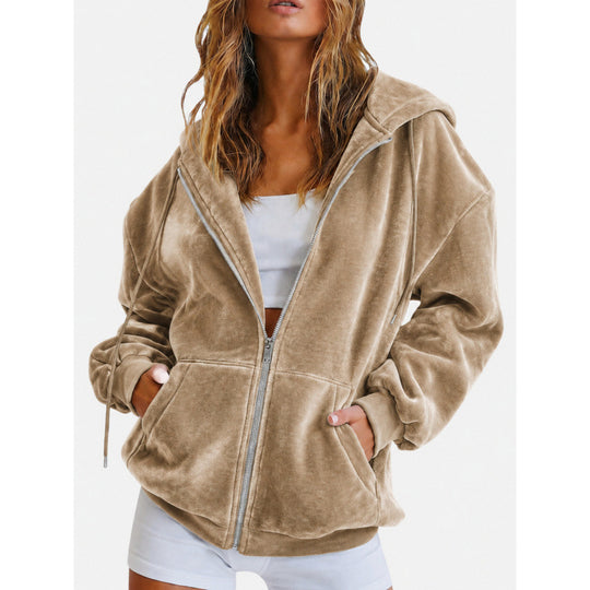 Damen Oversize Velours-Kapuzenjacke mit Reißverschluss Shop Nory