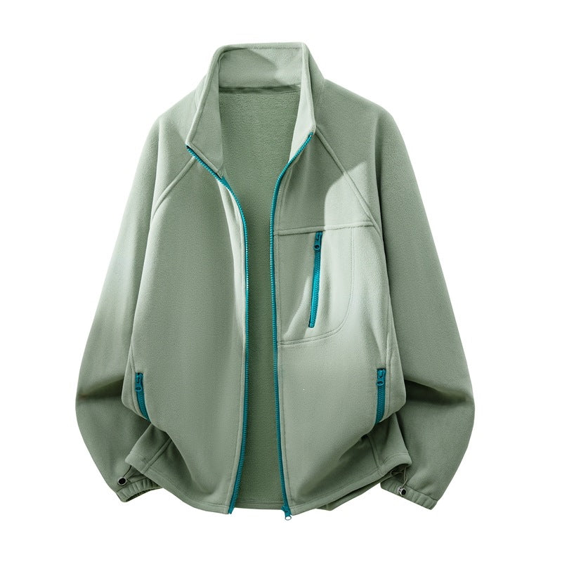 Unisex Leichte Fleecejacke mit Stehkragen, Raglanärmeln und multiplen Reißverschlusstaschen Shop Nory