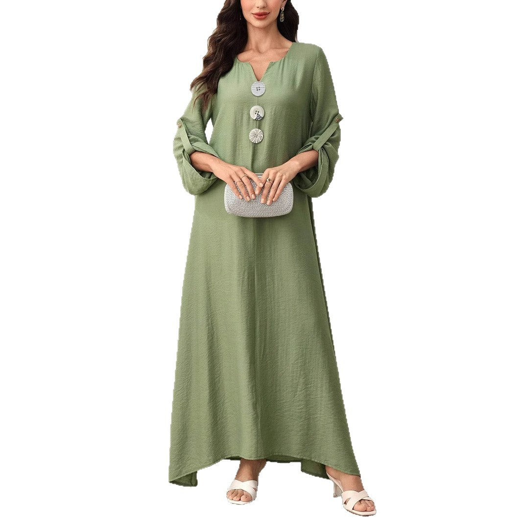 Damen Maxikleid mit Zierknöpfen, V-Ausschnitt und krempelbaren 3/4-Ärmeln Shop Nory
