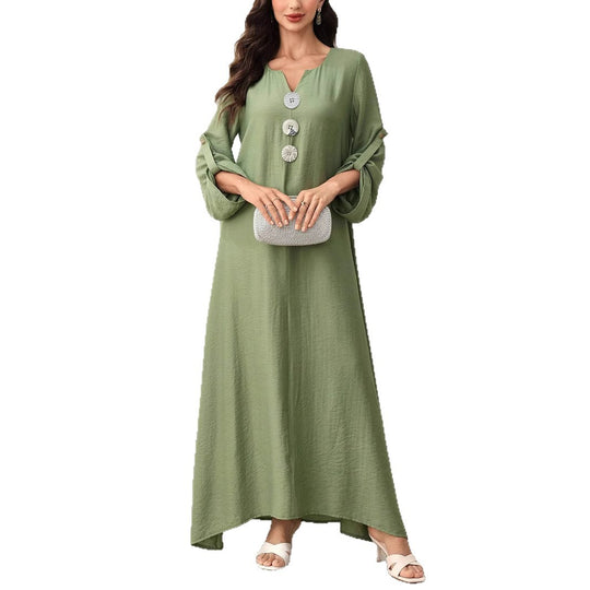Damen Maxikleid mit Zierknöpfen, V-Ausschnitt und krempelbaren 3/4-Ärmeln Shop Nory