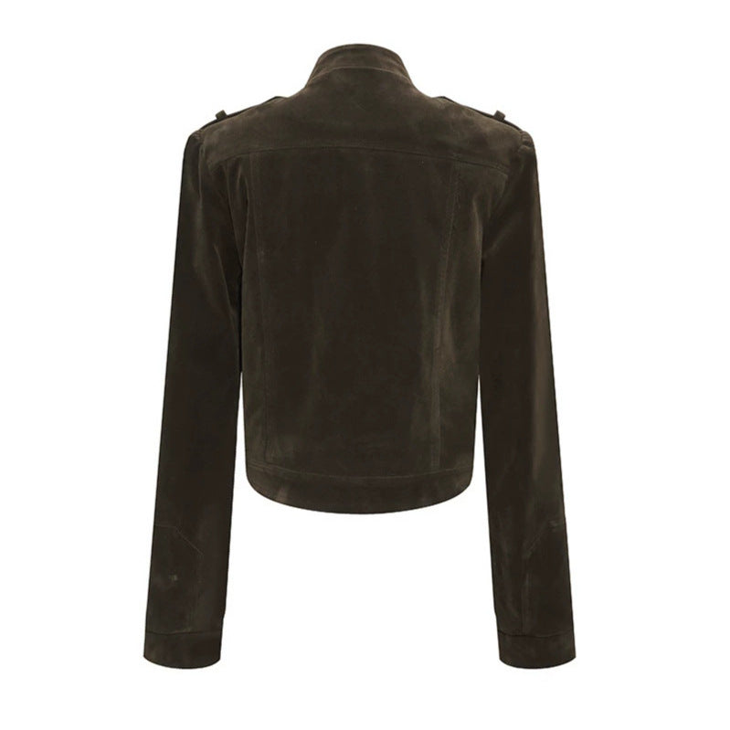 Damen Kurze Veloursleder-Bikerjacke mit asymmetrischem Reißverschluss und Stehkragen Shop Nory