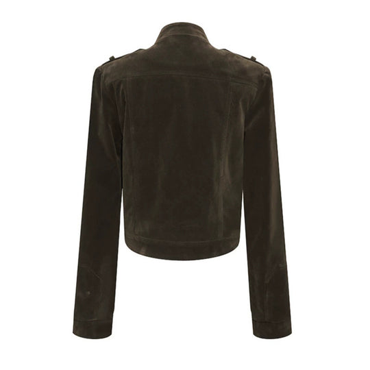 Damen Kurze Veloursleder-Bikerjacke mit asymmetrischem Reißverschluss und Stehkragen Shop Nory