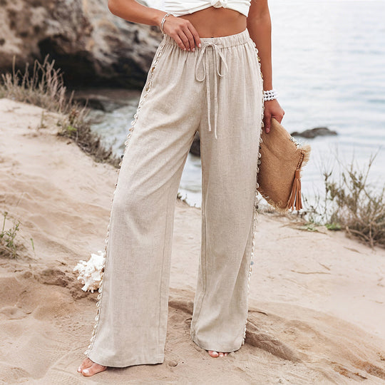 Damen Leichte Leinenhose mit weitem Bein, Kordelzug und geflochtenem Seitendetail Shop Nory