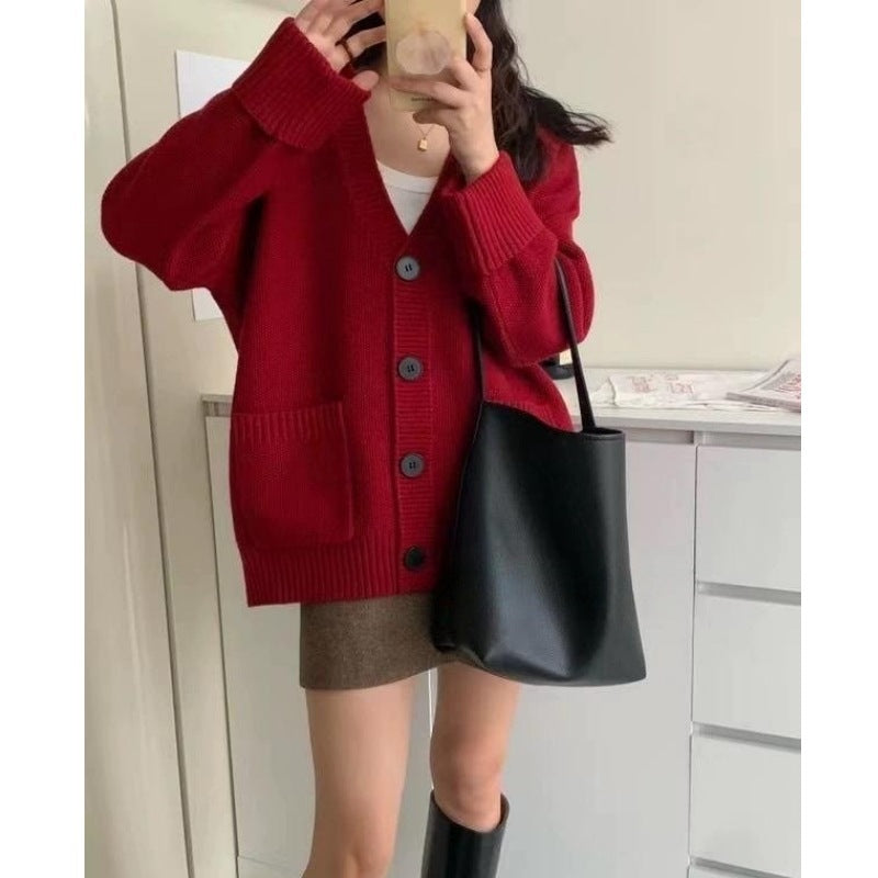 Damen Grob gestrickter Cardigan mit großen Taschen und tiefem V-Ausschnitt