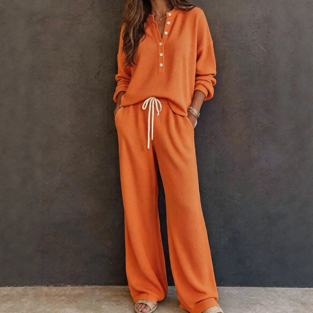 Damen Waffelstrick-Loungewear-Set mit Henley-Oberteil und weiter Kordelbundhose Shop Nory