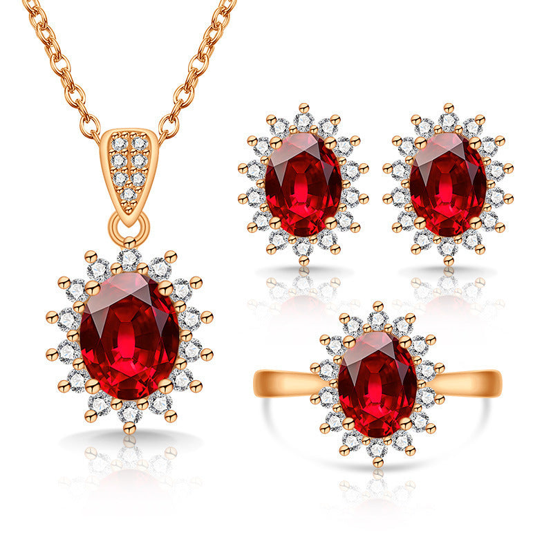 Oval facettiertes Edelstein-Halo-Pendant mit passenden Halo-Ohrringen und verstellbarem Cocktailring-Set