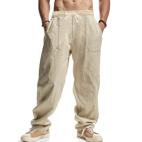 Herren nan lockere Leinenhose mit elastischem Bund, Tunnelzug und großen Eingrifftaschen