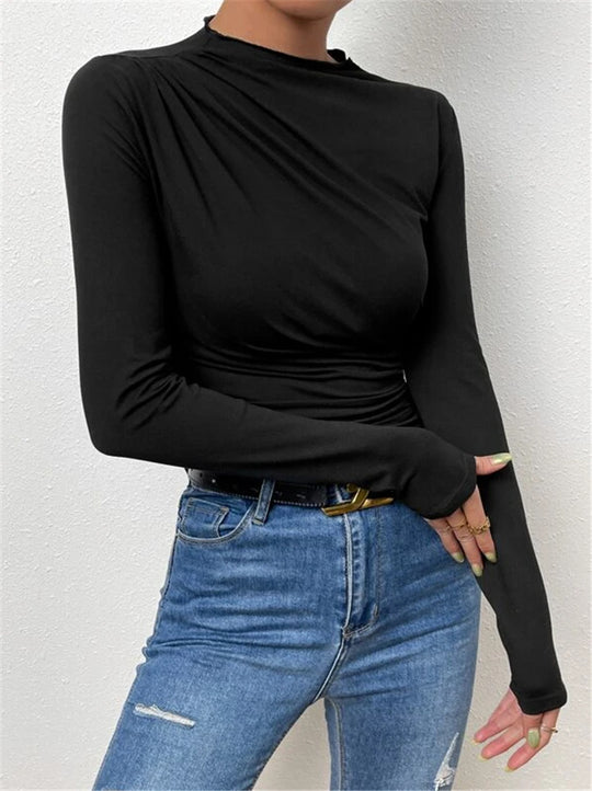Damen Figurbetontes Langarmshirt mit Seitlicher Raffung und Drapée-Detail Shop Nory