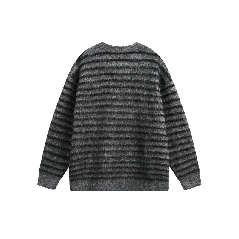 Unisex Oversize Gestreifter Flauschpullover mit Rundhalsausschnitt Shop Nory