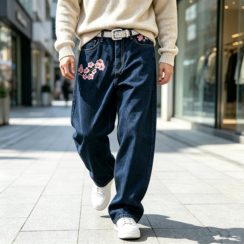 Herren Modische Weit geschnittene Denim-Hose mit Blumenstickerei Shop Nory