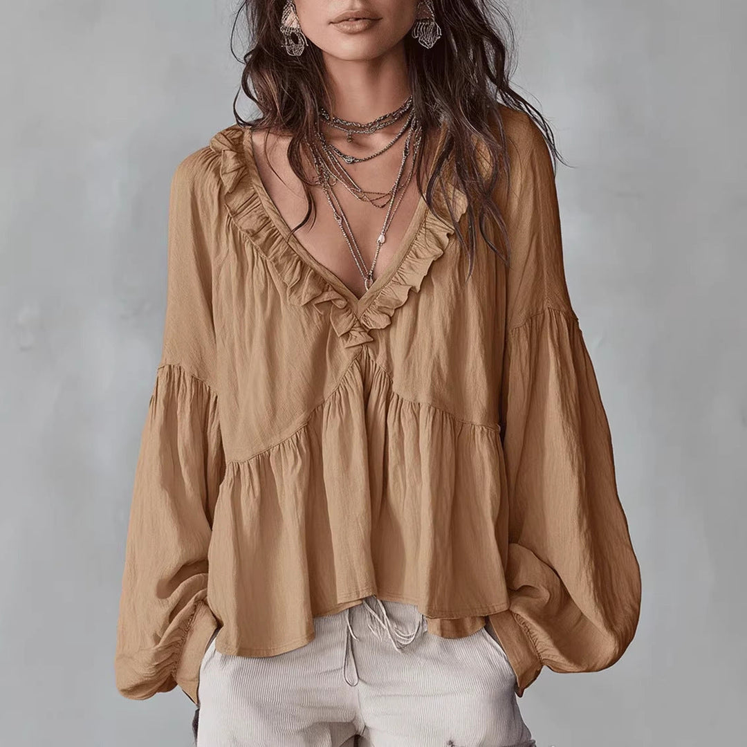 Damen Fließendes Oberteil mit gerafften Details und V-Ausschnitt