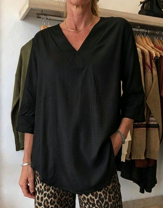 Damen Leichte Oversize V-Ausschnitt Tunika in Leinenoptik mit dreiviertel Ärmeln und abgerundetem Saum Shop Nory