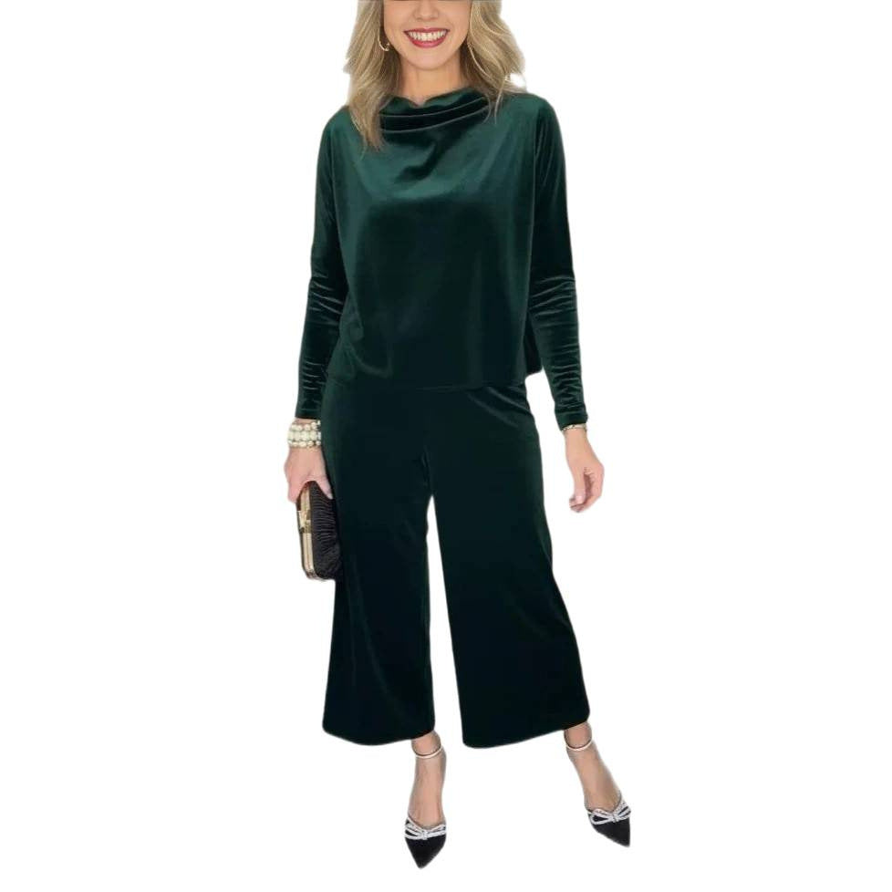 Damen Elegantes Samt-Zweiteiler mit Wasserfallkragen und weiter Culotte-Hose Shop Nory